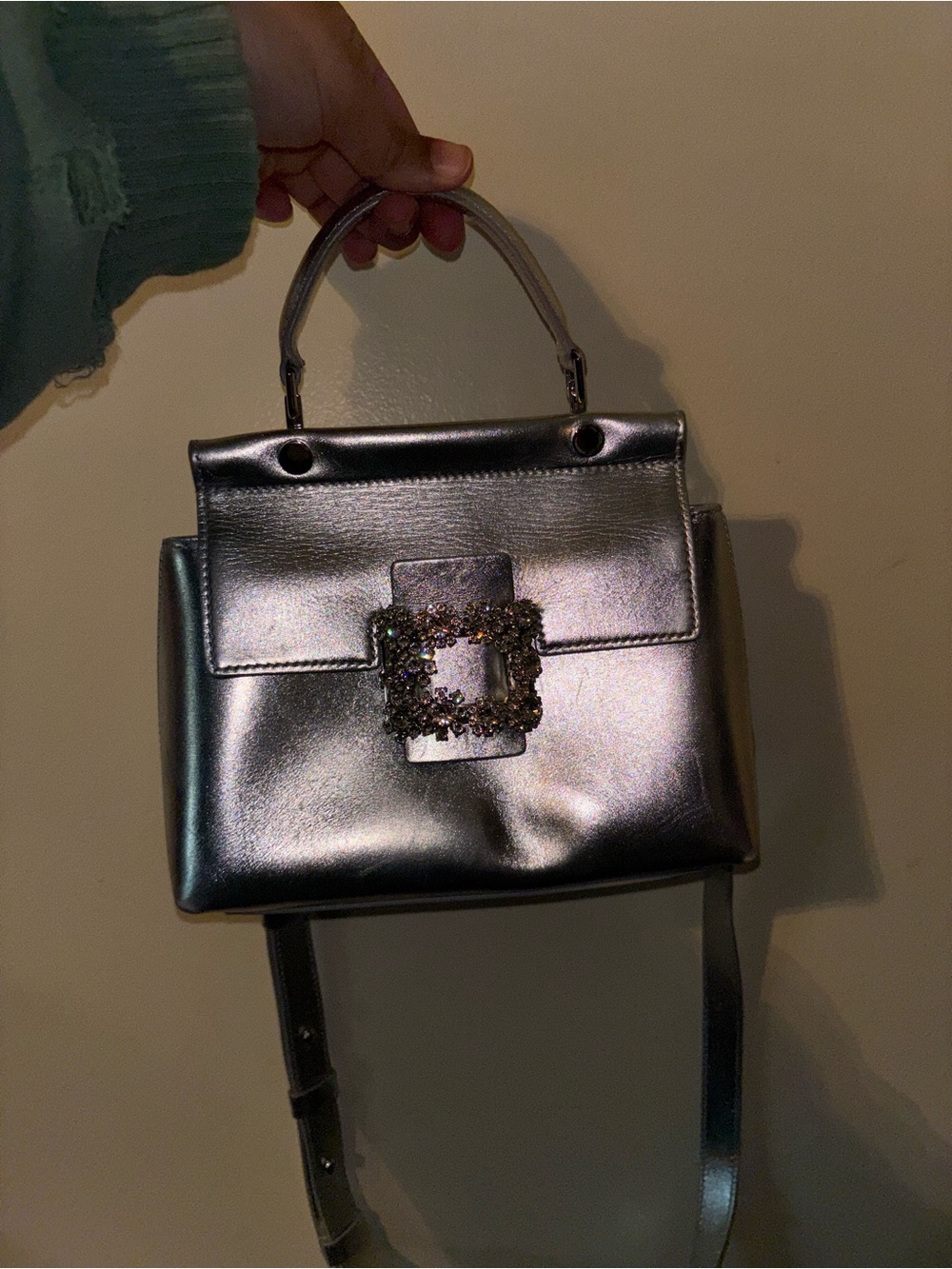 Roger Vivier Metallic Silver Mini Top-Handle Crossbody with Jeweled Buckle